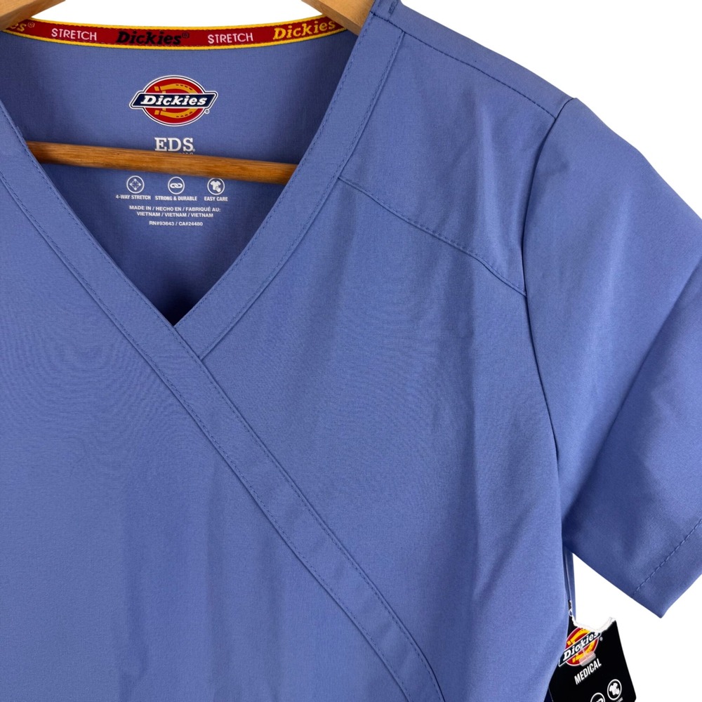 Dickies‎ Scrub Top Women XS Blue EDS Essentials Mock Wrap V-Neck Stretch DK625